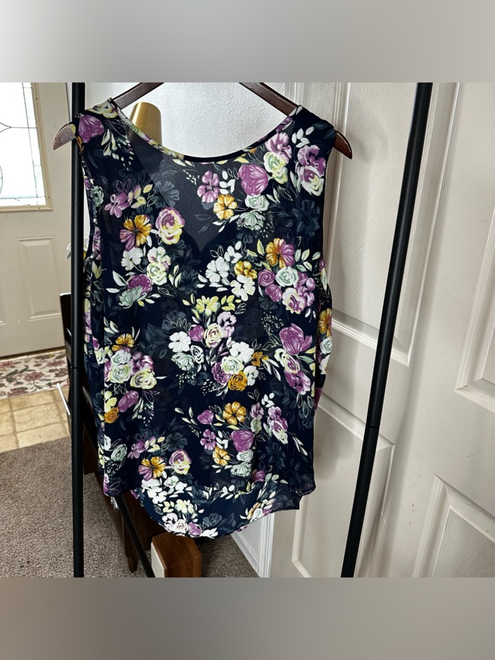 Maurices Navy Floral Sleeveless Blouse with Purple & Yellow Blooms ❄️